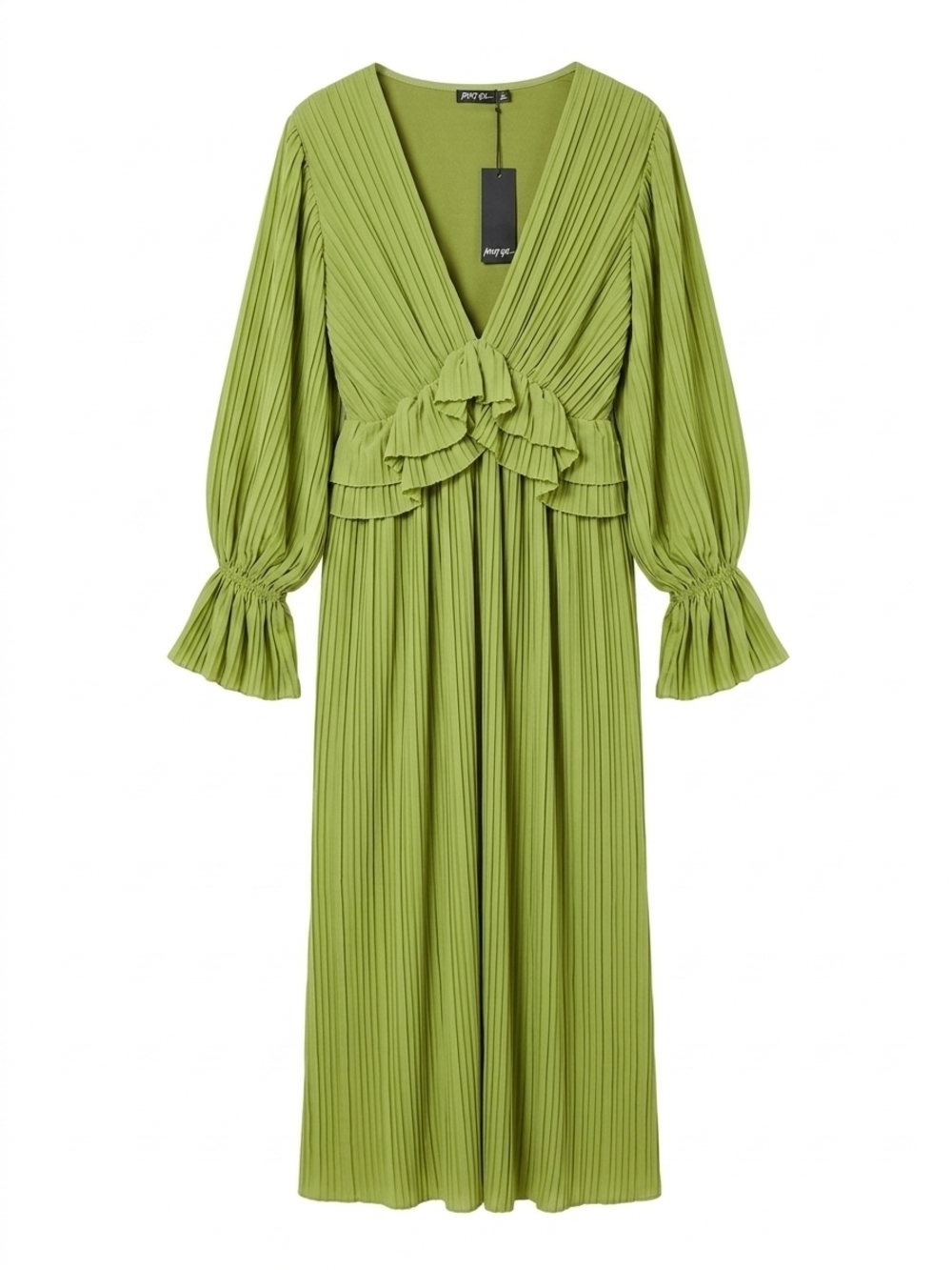 Nasty Gal Green Plisse Pleated Maxi Dress Long Sleeve Ruffle V-Neck Sage Size 6